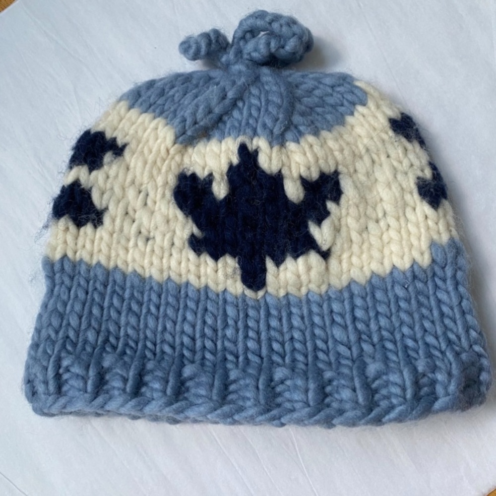 Stylish Blue and Cream Chunky Hand Knit Hat for Women Cowhichan